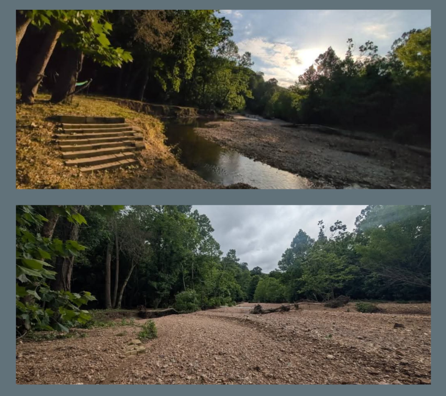 Five Mile Creek beach area before and after a flood moved river rock