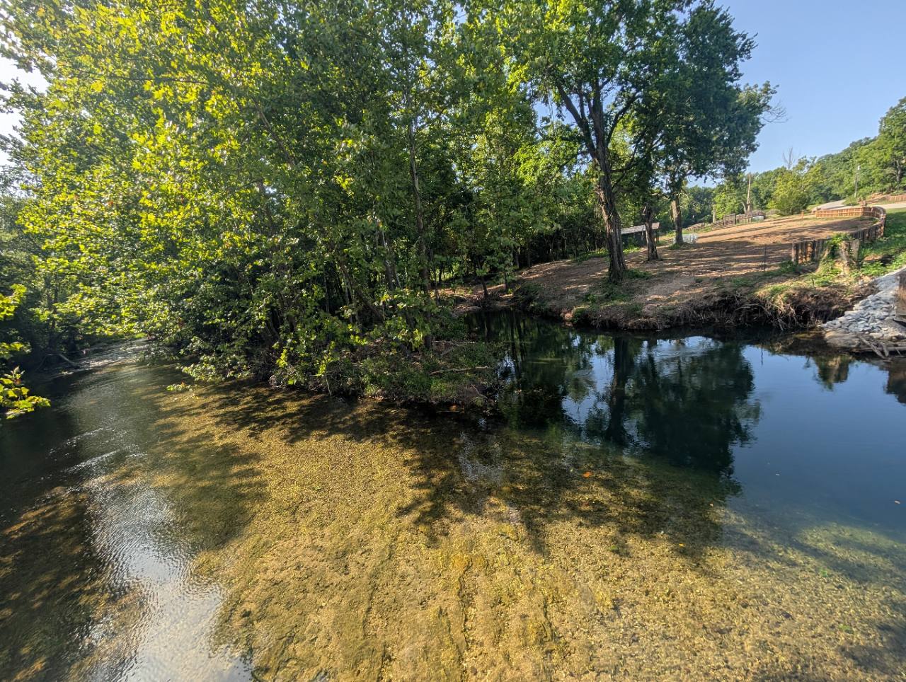 Clear shallow water and tree reflections along Five Mile Creek